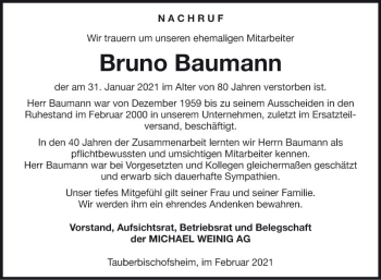 Traueranzeige von Bruno Baumann von Fränkische Nachrichten