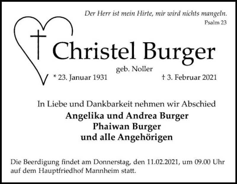  Traueranzeige für Christel Burger vom 06.02.2021 aus Mannheimer Morgen