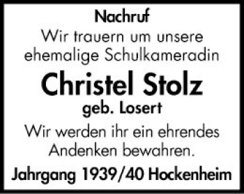 Traueranzeige von Christel Stolz von Schwetzinger Zeitung