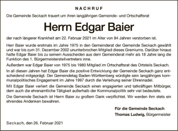 Traueranzeige von Edgar Baier von Fränkische Nachrichten