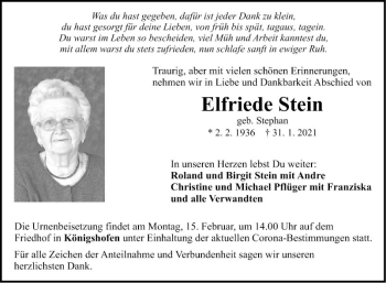 Traueranzeige von Elfriede Stein von Fränkische Nachrichten