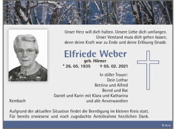 Traueranzeige von Elfriede Weber von Fränkische Nachrichten