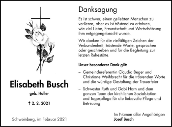 Traueranzeige von Elisabeth Busch von Fränkische Nachrichten