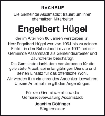 Traueranzeige von Engelbert Hügel von Fränkische Nachrichten