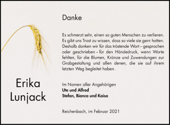 Traueranzeige von Erika Lunjack von Bergsträßer Anzeiger