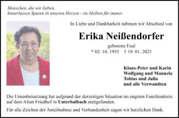 Traueranzeige von Erika Neißendorfer von Fränkische Nachrichten