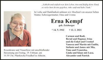 Traueranzeige von Erna Kempf von Fränkische Nachrichten