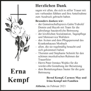 Traueranzeige von Erna Kempf von Fränkische Nachrichten