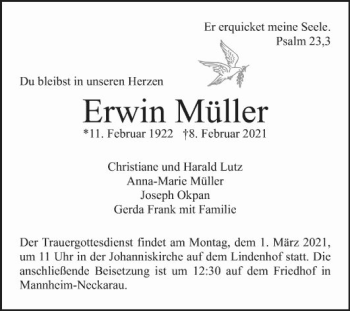 Traueranzeige von Erwin Müller von Mannheimer Morgen