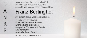 Traueranzeige von Franz Berlinghof von Schwetzinger Zeitung