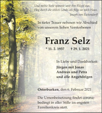 Traueranzeige von Franz Selz von Fränkische Nachrichten