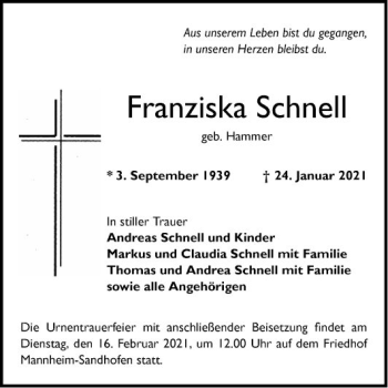 Traueranzeige von Franziska Schnell von Mannheimer Morgen