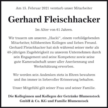 Traueranzeige von Gerhard Fleischhacker von Fränkische Nachrichten