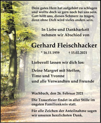 Traueranzeige von Gerhard Fleischhacker von Fränkische Nachrichten