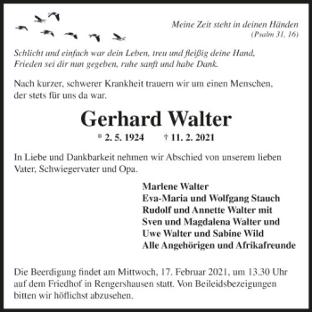 Traueranzeige von Gerhard Walter von Fränkische Nachrichten