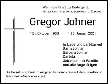 Traueranzeige von Gregor Johner von Mannheimer Morgen