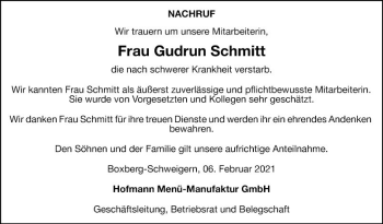 Traueranzeige von Gudrun Schmitt von Fränkische Nachrichten