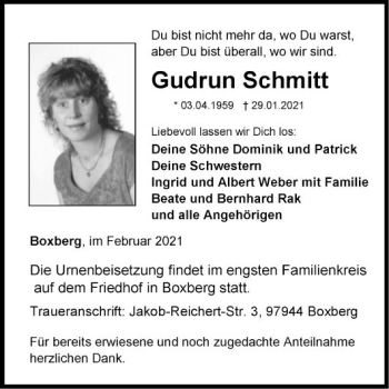 Traueranzeige von Gudrun Schmitt von Fränkische Nachrichten