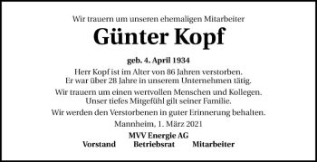 Traueranzeige von Günter Kopf von Mannheimer Morgen