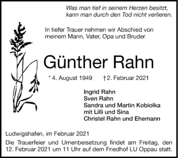 Traueranzeige von Günther Rahn von Mannheimer Morgen