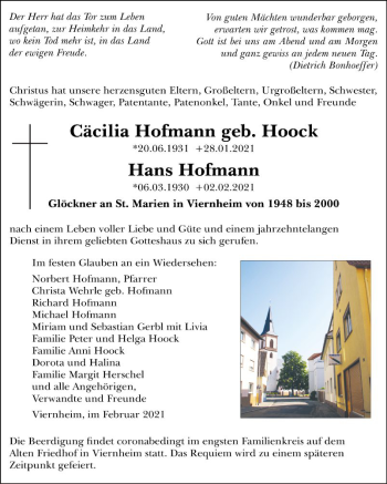 Traueranzeige von Hans Hofmann von Mannheimer Morgen