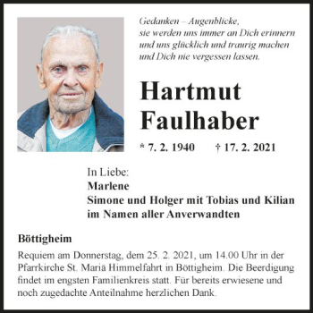 Traueranzeige von Hartmut Faulhaber von Fränkische Nachrichten