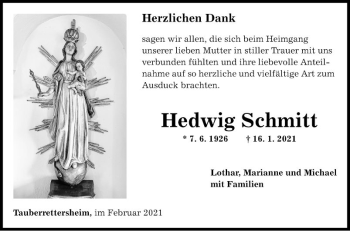 Traueranzeige von Hedwig Schmitt von Fränkische Nachrichten