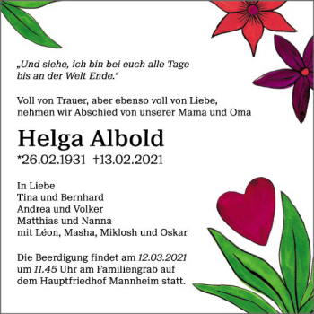 Traueranzeige von Helga Albold von Mannheimer Morgen