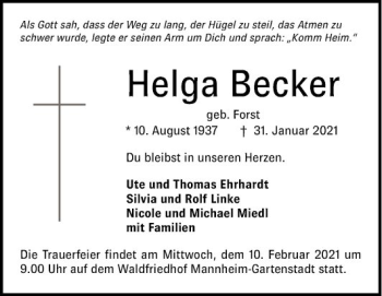 Traueranzeige von Helga Becker von Mannheimer Morgen