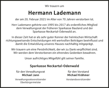 Traueranzeige von Hermann Lademann von Fränkische Nachrichten