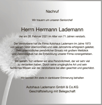 Traueranzeige von Hermann Lademann von Fränkische Nachrichten