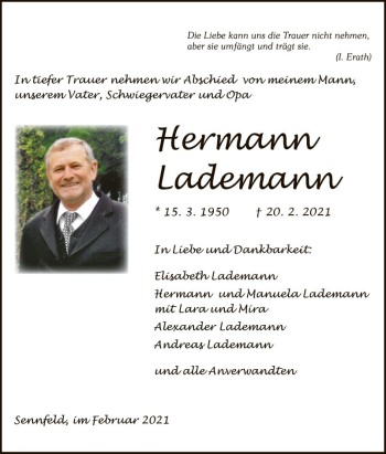 Traueranzeige von Hermann Lademann von Fränkische Nachrichten