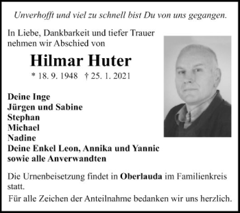 Traueranzeige von Hilmar Huter von Fränkische Nachrichten