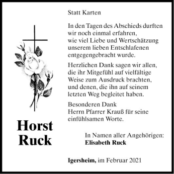 Traueranzeige von Horst Ruck von Fränkische Nachrichten