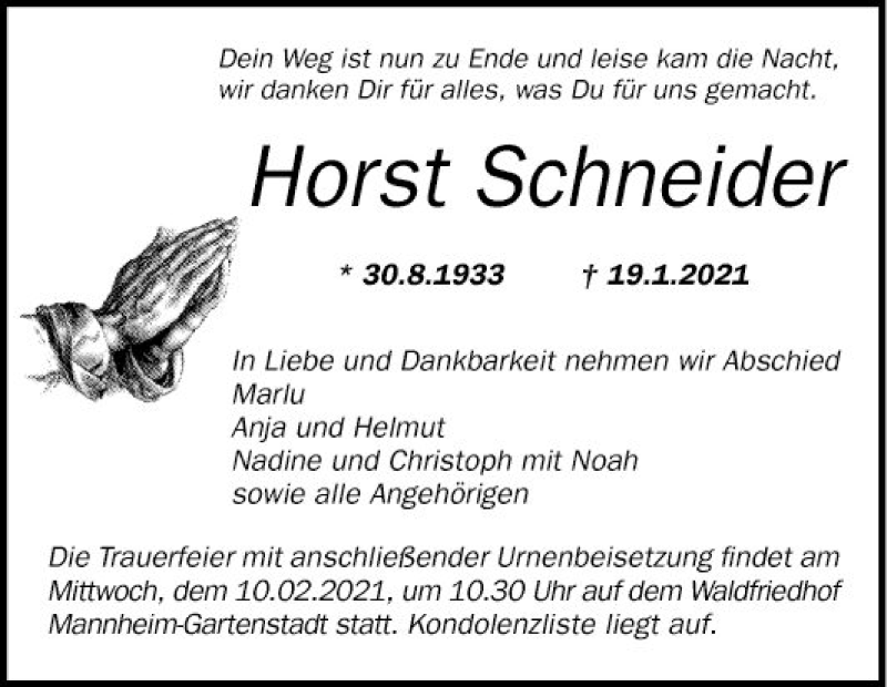  Traueranzeige für Horst Schneider vom 06.02.2021 aus Mannheimer Morgen