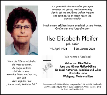 Traueranzeige von Ilse Elisabeth Pfeifer von Bergsträßer Anzeiger