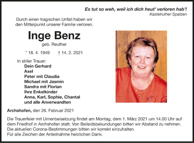  Traueranzeige für Inge Benz vom 26.02.2021 aus Fränkische Nachrichten