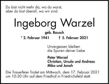 Traueranzeige von Ingeborg Warzel von Mannheimer Morgen