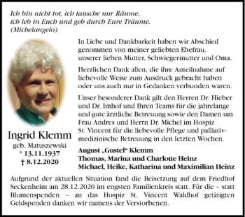 Traueranzeige von Ingrid Klemm von Mannheimer Morgen