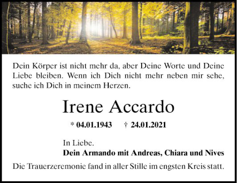  Traueranzeige für Irene Accardo vom 06.02.2021 aus Mannheimer Morgen