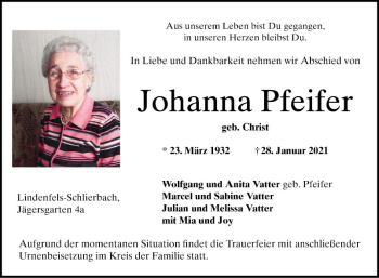 Traueranzeige von Johanna Pfeifer von Bergsträßer Anzeiger