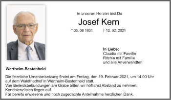 Traueranzeige von Josef Kern von Fränkische Nachrichten