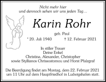 Traueranzeige von Karin Rohr von Mannheimer Morgen