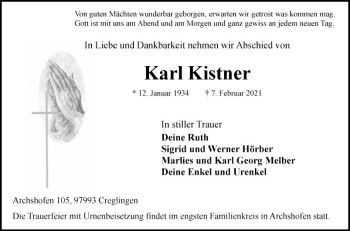 Traueranzeige von Karl Kistner von Fränkische Nachrichten