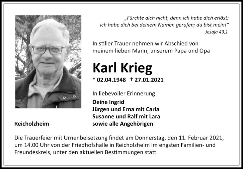  Traueranzeige für Karl Krieg vom 06.02.2021 aus Fränkische Nachrichten