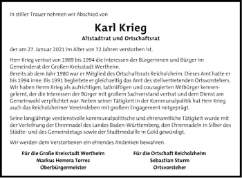 Traueranzeige von Karl Krieg von Fränkische Nachrichten