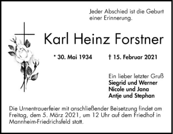 Traueranzeige von Karl Heinz Forstner von Mannheimer Morgen