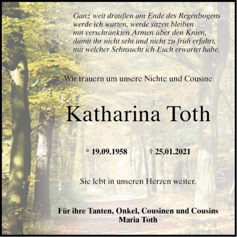  Traueranzeige für Katharina Toth vom 18.02.2021 aus Mannheimer Morgen