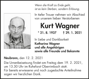 Traueranzeige von Kurt Wagner von Fränkische Nachrichten