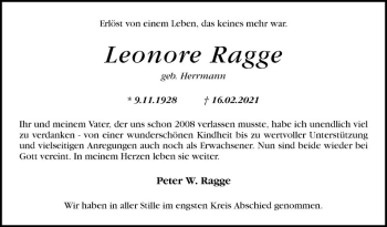 Traueranzeige von Leonore Ragge von Mannheimer Morgen